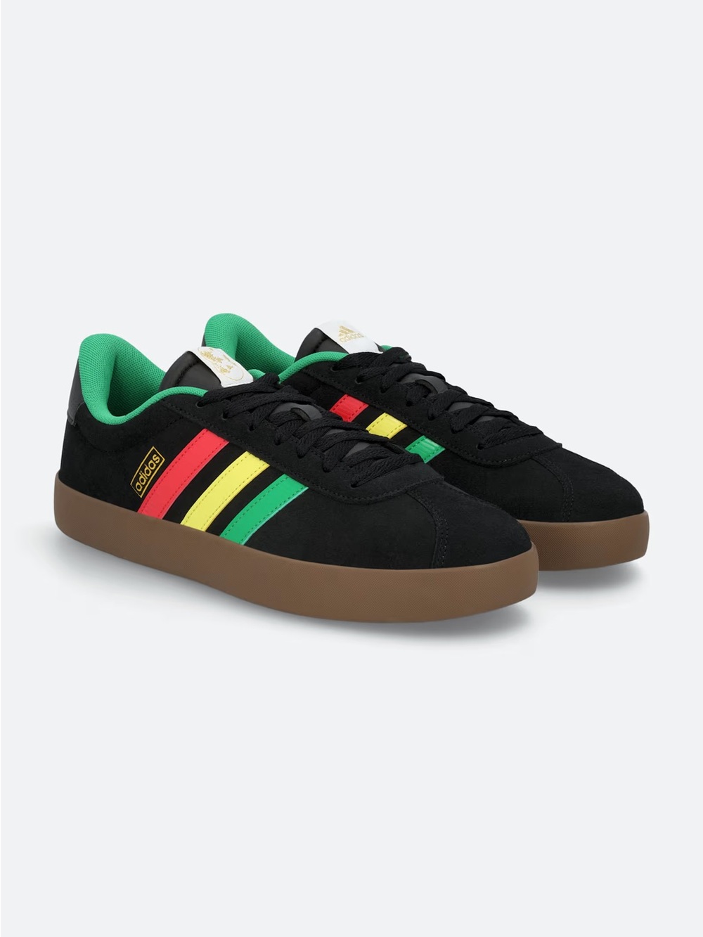 adidas VL Court 3.0 Black Suede Sneakers with Red, Yellow, and Green Stripes 13